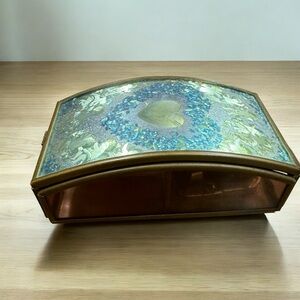 Vintage Lid Music Box Dancer Glass Brass Cherubs Cupid's Arrow